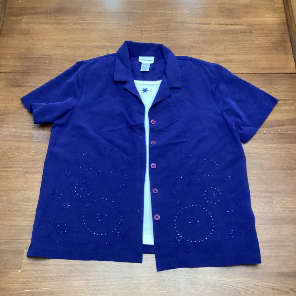 Alfred Dunner Navy Blue Eyelet Beaded 2-in-1 Layered Shirt Women 14 Short Sleeve - Picture 8 of 8